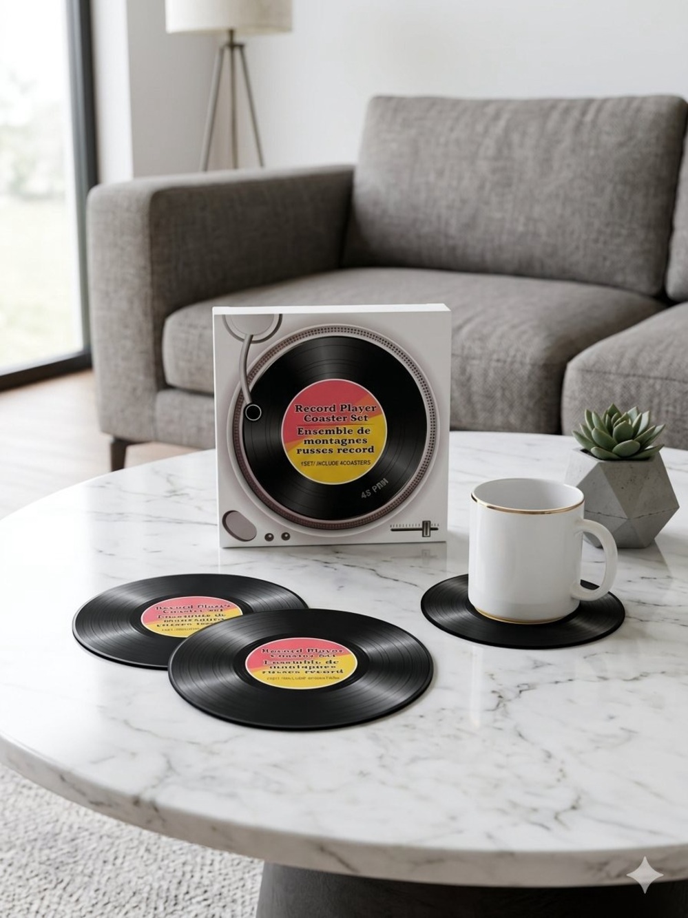 Record Player Vinyl Coaster Set - Black